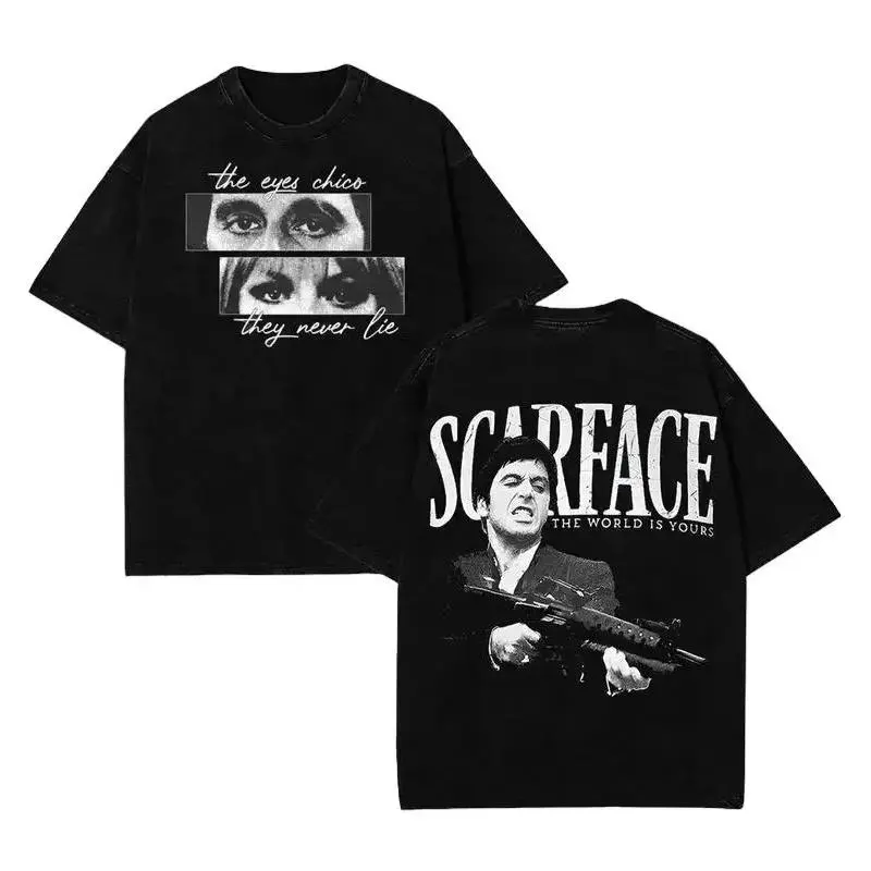 Scarface Graphic Tee For Men Stylish Black Short Sleeve Crew Neck Summer T-Shirt Vintage Gangster Style Graphic Tee For Men Stylish Black Short Sleeve Crew Neck Summer T-Shirt  Movie Inspired Streetwear Top