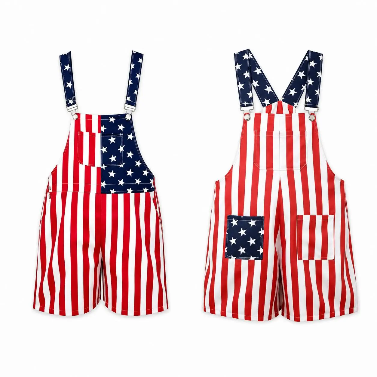 Sleeveless Red-White-Blue Star-Striped Short Overalls, Casual-Fit Patriotic Holiday Wear for Independence Day Parades, Parties
