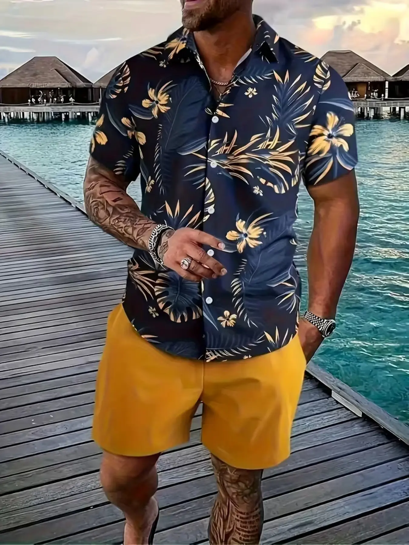 Men's Lapel Short Sleeve Hawaiian Shirt, Sublimation All Over Yellow Tropical Palm Leaf Hibiscus Flower Print Loose Blouse, Breathable Casual Summer Top For Beach Vacation Travel Outfit