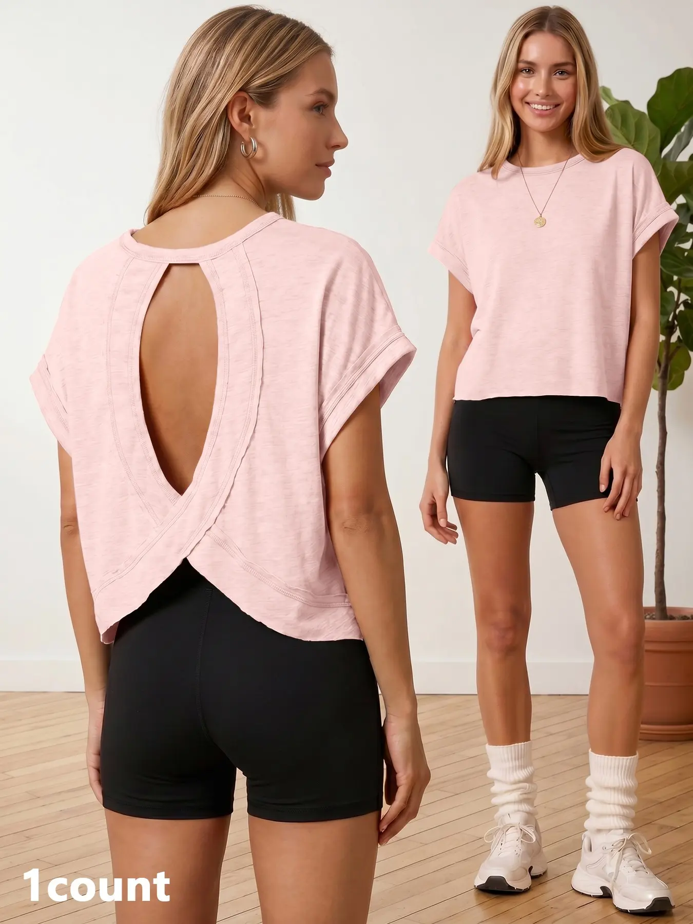 Women's Casual Sporty Hoodie, Round Neck Pullover Loose Backless T-Shirt, Moisture-Wicking Breathable Top, Solid Color Yoga Wear, Breathable Workout Tops