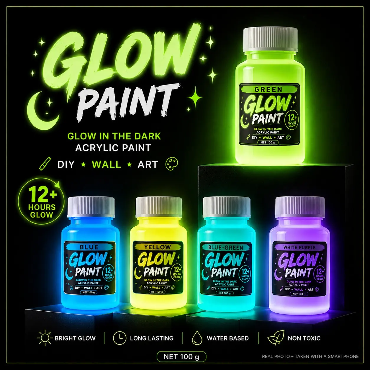 12Hr+ Super Bright Glow Paint 100g | Premium Luminous Acrylic Paint for Room Decor, DIY Art, DIY Painting Supplies & Neon Party Supplies