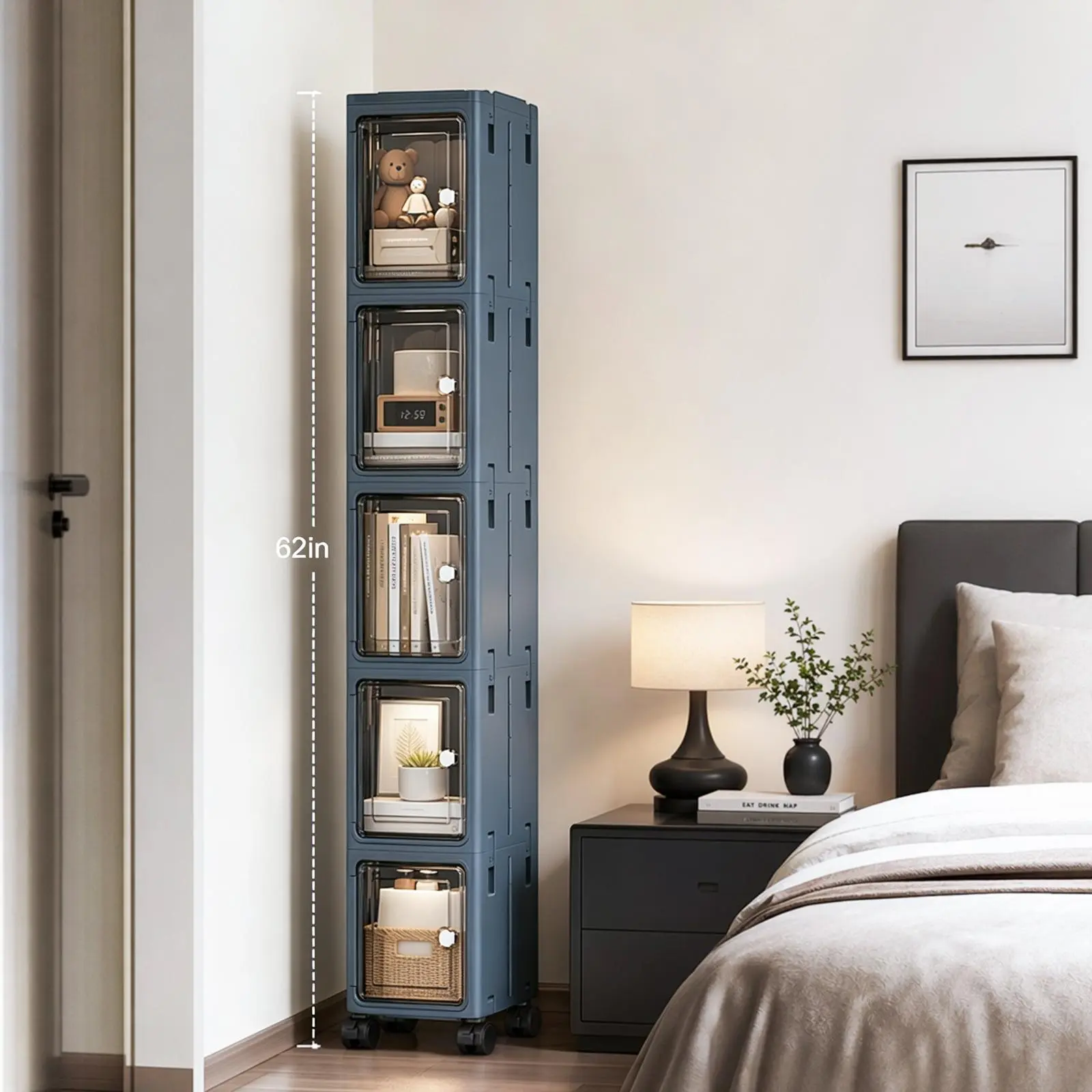 Foldable Tall Narrow Storage Cabinet, Slim Gap Organizer with Magnetic Clear Doors, Lockable Wheels & Adjustable Shelves, Plastic Pantry Cabinet for Kitchen Bathroom Laundry Small Space