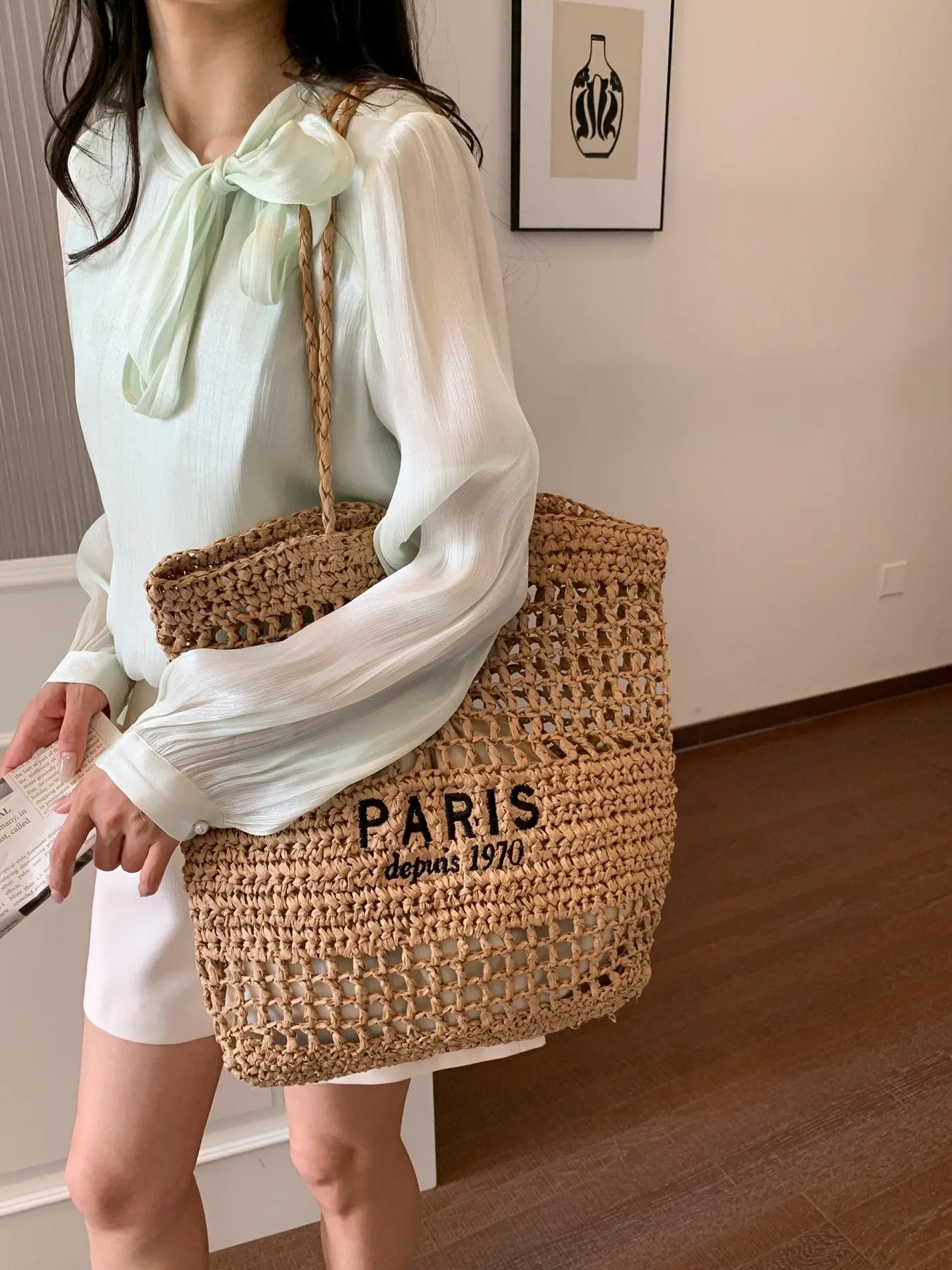 2026 New Korean Style Lazy Straw Embroidered Tote Bag, Large Capacity Beach Vacation Tote, Casual Woven Handbag, Letter Embroidery Hollow Out Design, Casual Trendy Bag, Beach Purse