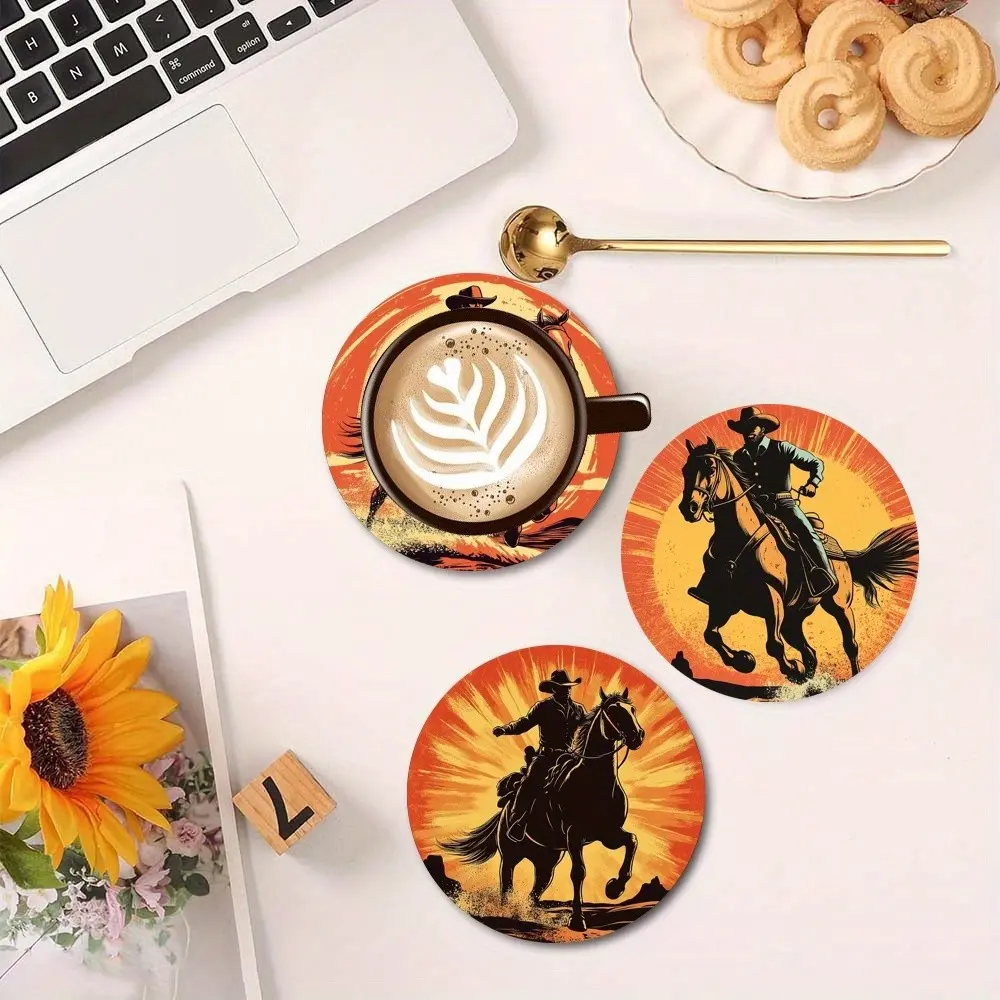 6 Pcs Vintage Western Cowboy Horse Wooden Coasters Set, Retro Sunset Desert Cowboy Round Wood Drink Coasters, Rustic Farmhouse Table Cup Mats for Coffee Mugs Bar Table Decor