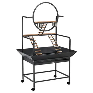 Extra Large Wrought Iron Parrot Cage with Playstand, Rolling Stand & Removable Tray – Spacious Indoor Outdoor Aviary for Macaws, Cockatiels, Budgies, Conures, Includes Perches & Ladders