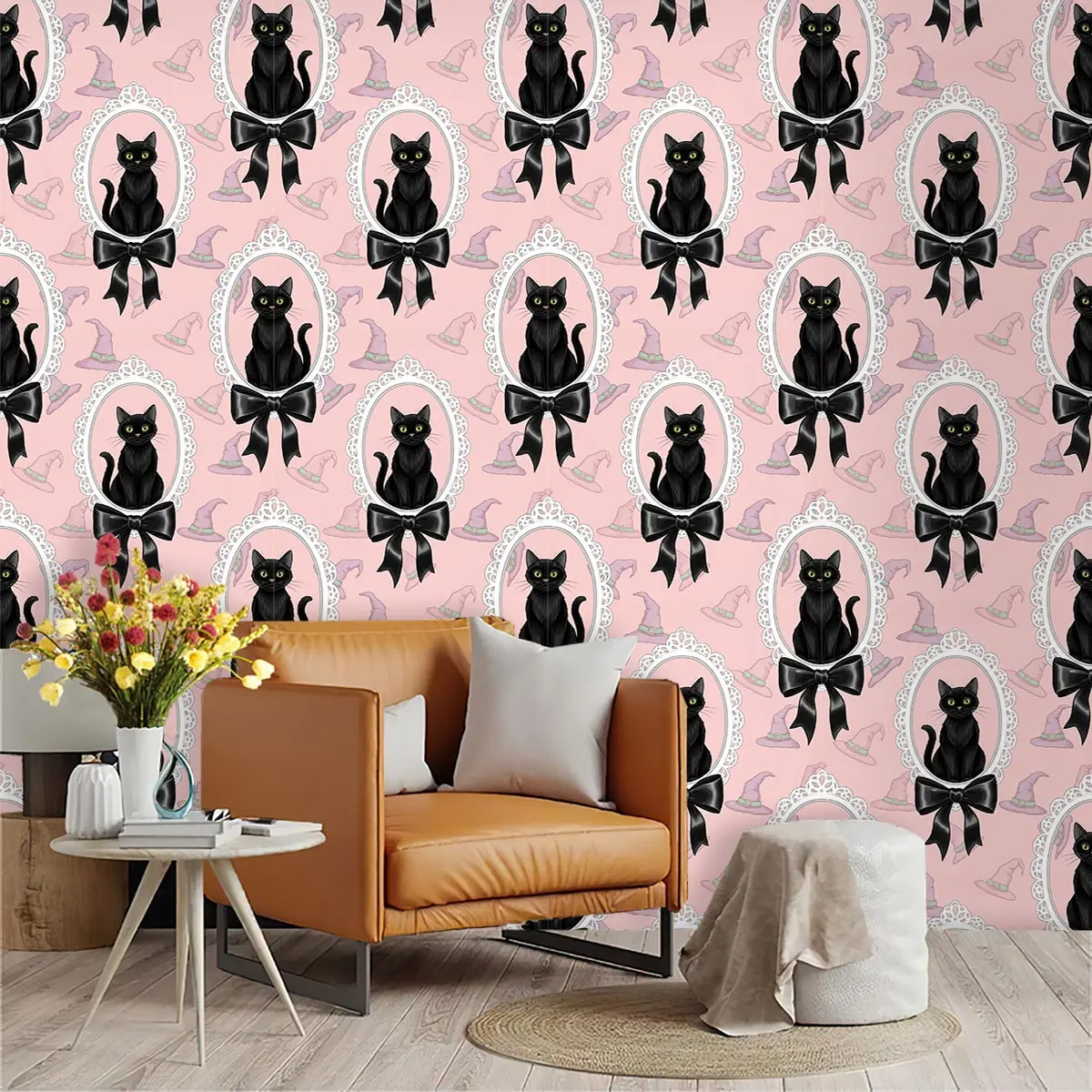 Cat Lace Oval Frame Wallpaper, Light Background, PVC Material, Peel-And-Stick, Mould-Proof, Living Room Decor, Wall Transformation