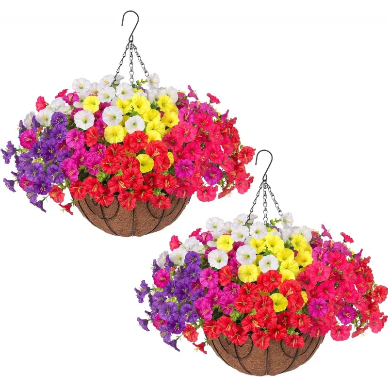 2 Pack Hanging Baskets with 24 Pcs UV-Proof Morning Glory Faux Flowers - Realistic Silk Blooms for Spring Summer Porch, Patio & Outdoor Garden Decor, Perfect for Memorial Day & 4th of July