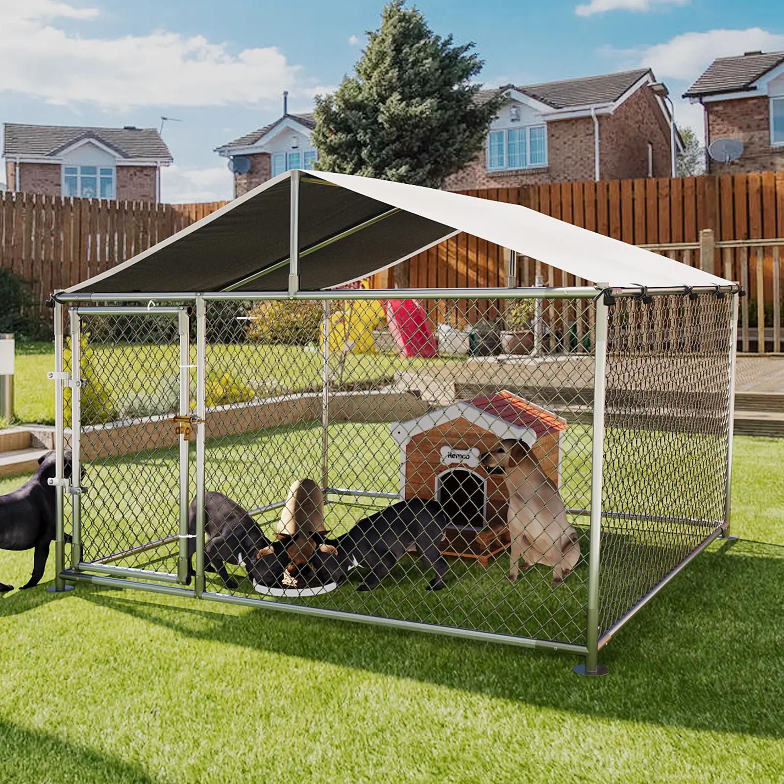 Heavy Duty Steel Frame Dog Kennel - Outdoor Enclosed Yard Enclosure for Large Dogs with Removable Roof, Steel Fence, Ground Anchor, Lock, Secure Boarding & Camping Space, Steel Frame Kennel