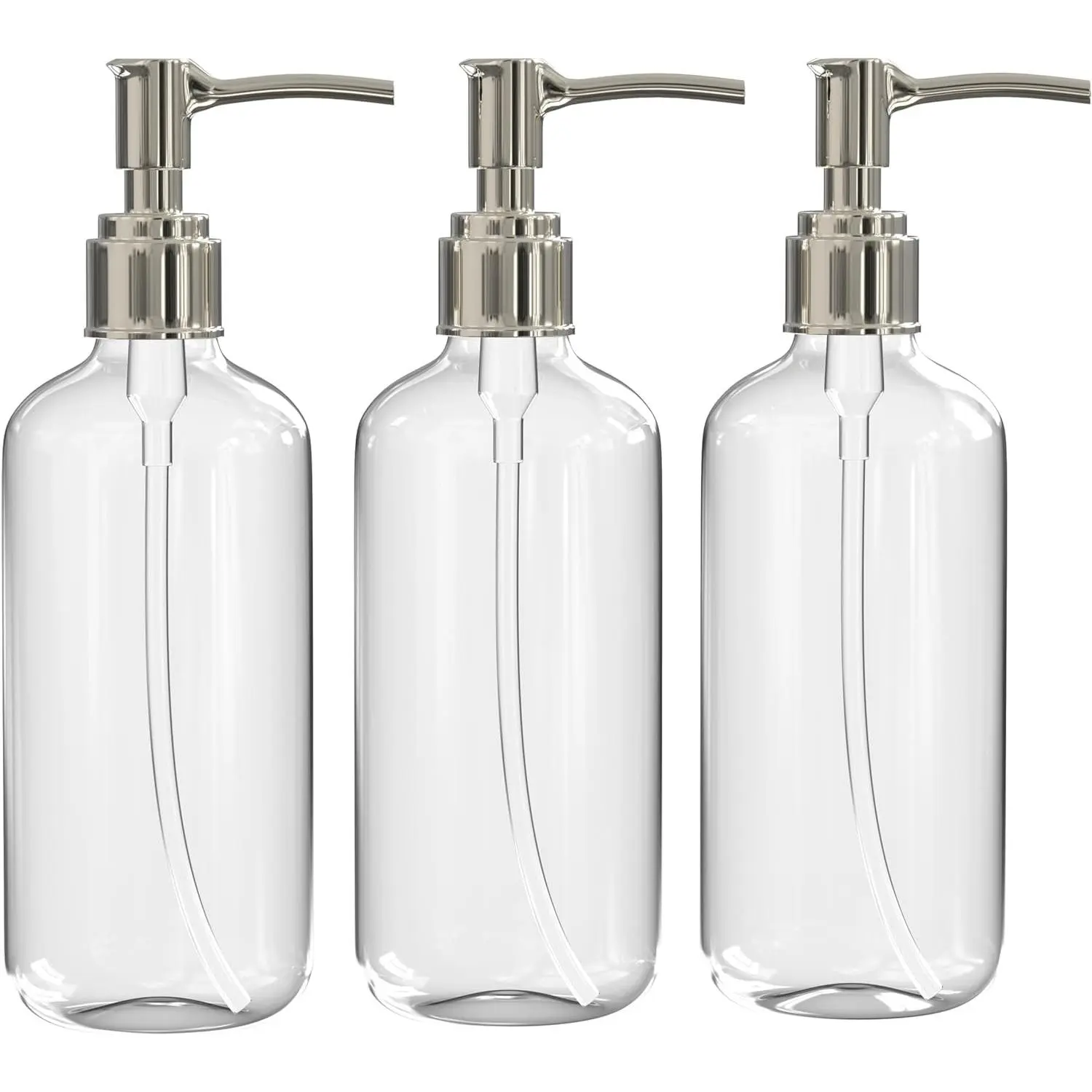 Refillable Clear Soap Dispenser Bottles with Pump, 16 oz (3 Pack) BPA-Free Plastic Boston Round Containers for Hand Soap, Lotion, Shampoo, Kitchen & Bath
