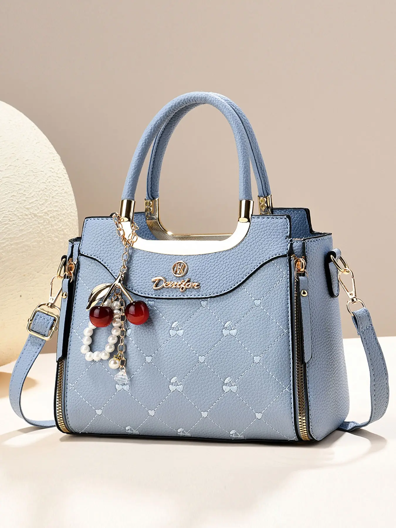 Women's Cherry Embroidery Fashionable Quilted Design Tote Bag, Handheld Crossbody Dual Use Dual Usage, Chic Cherry Pearl Charm, Adjustable Strap, Casual Everyday Bag, Casual Trendy Bag