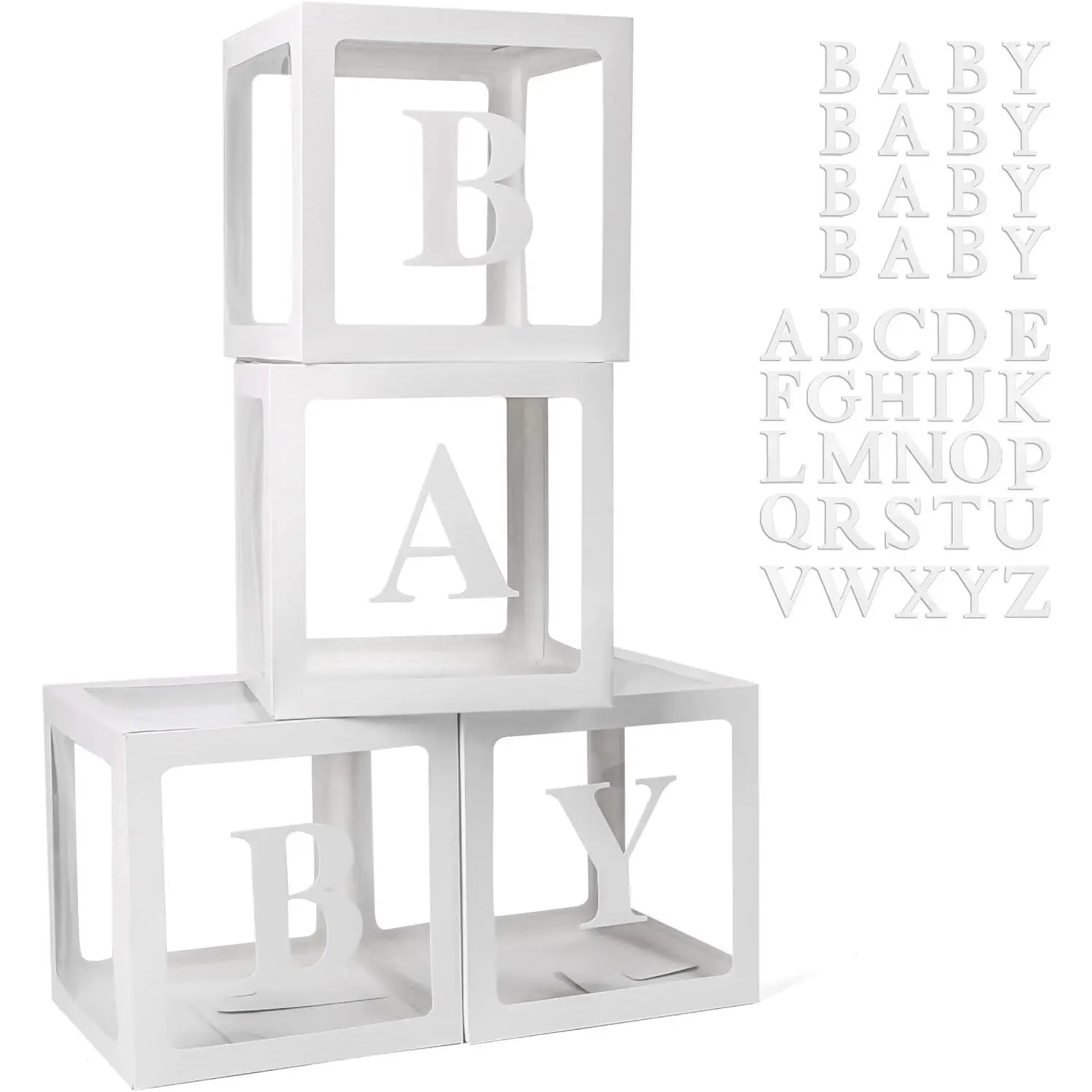 Boxes with 42 count Letters for  Shower Transparent Balloon Boxes Clear Balloon Box Blocks for Boy Girl  Party and Birthday Party (White)
