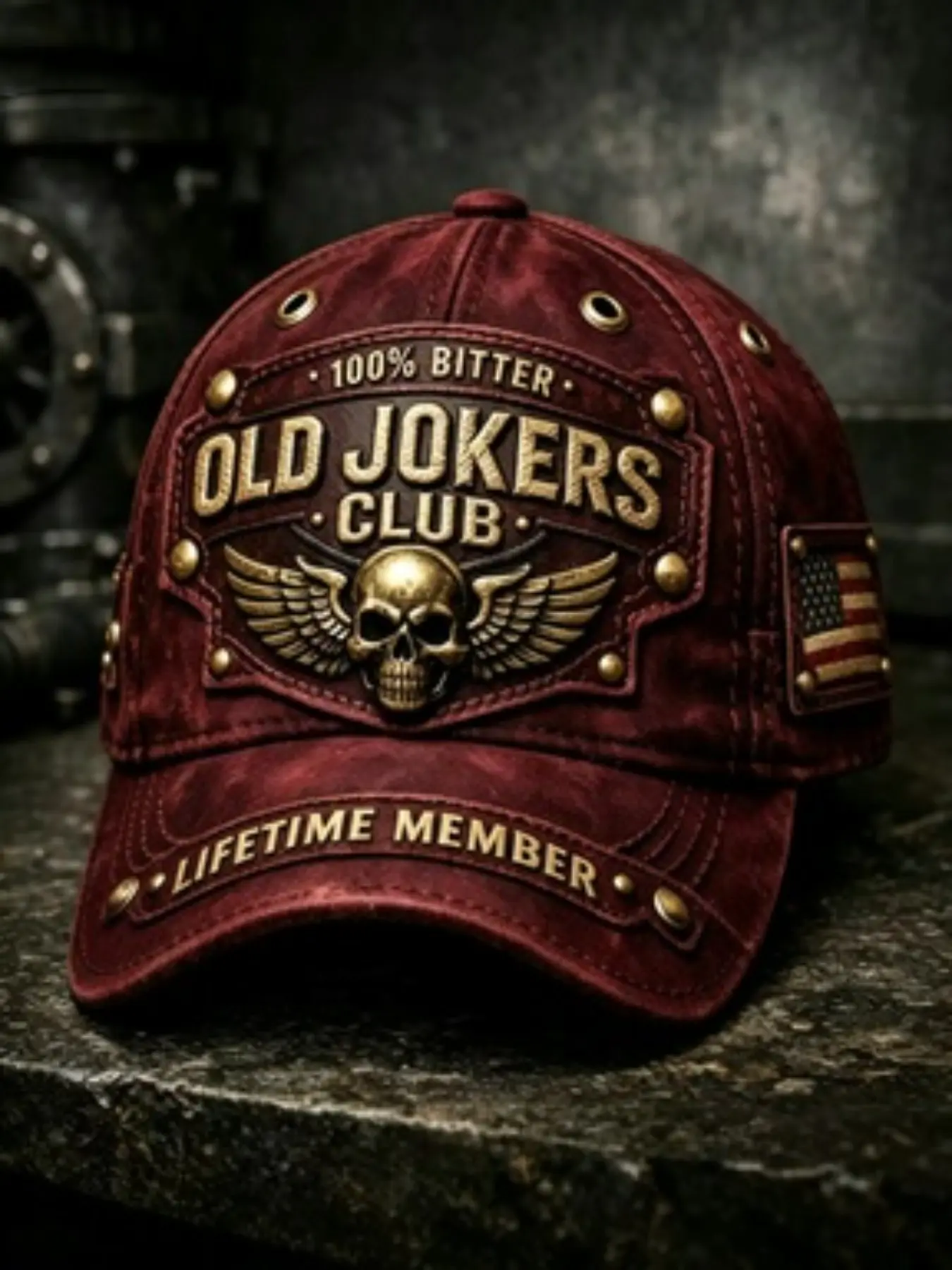 Old Jokers Club Limited Edition Baseball Cap, Brass Skull Wings Embossed, Rivet Work Design, American Streetwear Vintage Style, Graphic Hats
