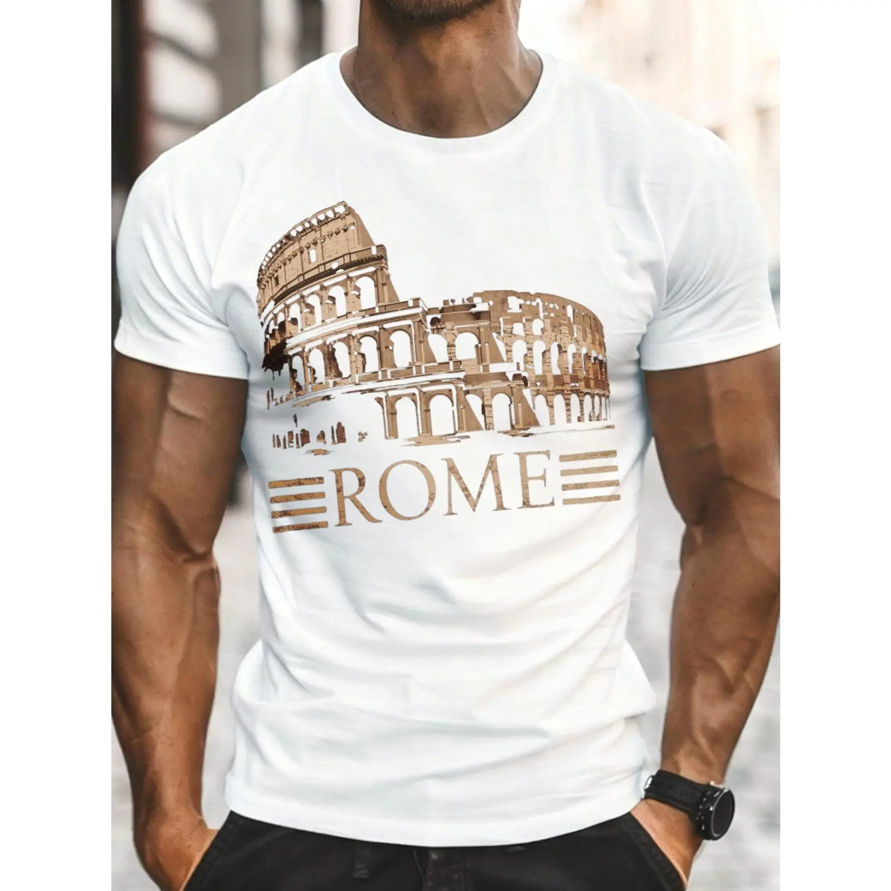 Vintage Men's Short-Sleeve Breathable Rome Colosseum Graphic T-Shirt, Summer Casual Streetwear, Matching Party Gift for Travel Enthusiasts
