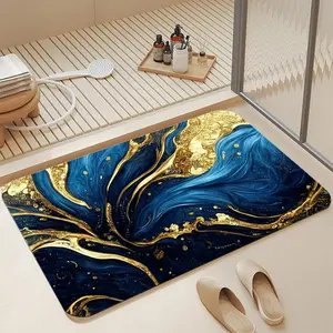 Dark Blue Gold Fluid Swirl Diatomaceous Earth Bath Mat, Luxury Abstract Marble Quick Dry Super Absorbent Non Slip Shower Mat, Navy Gold Bathroom Floor Mat