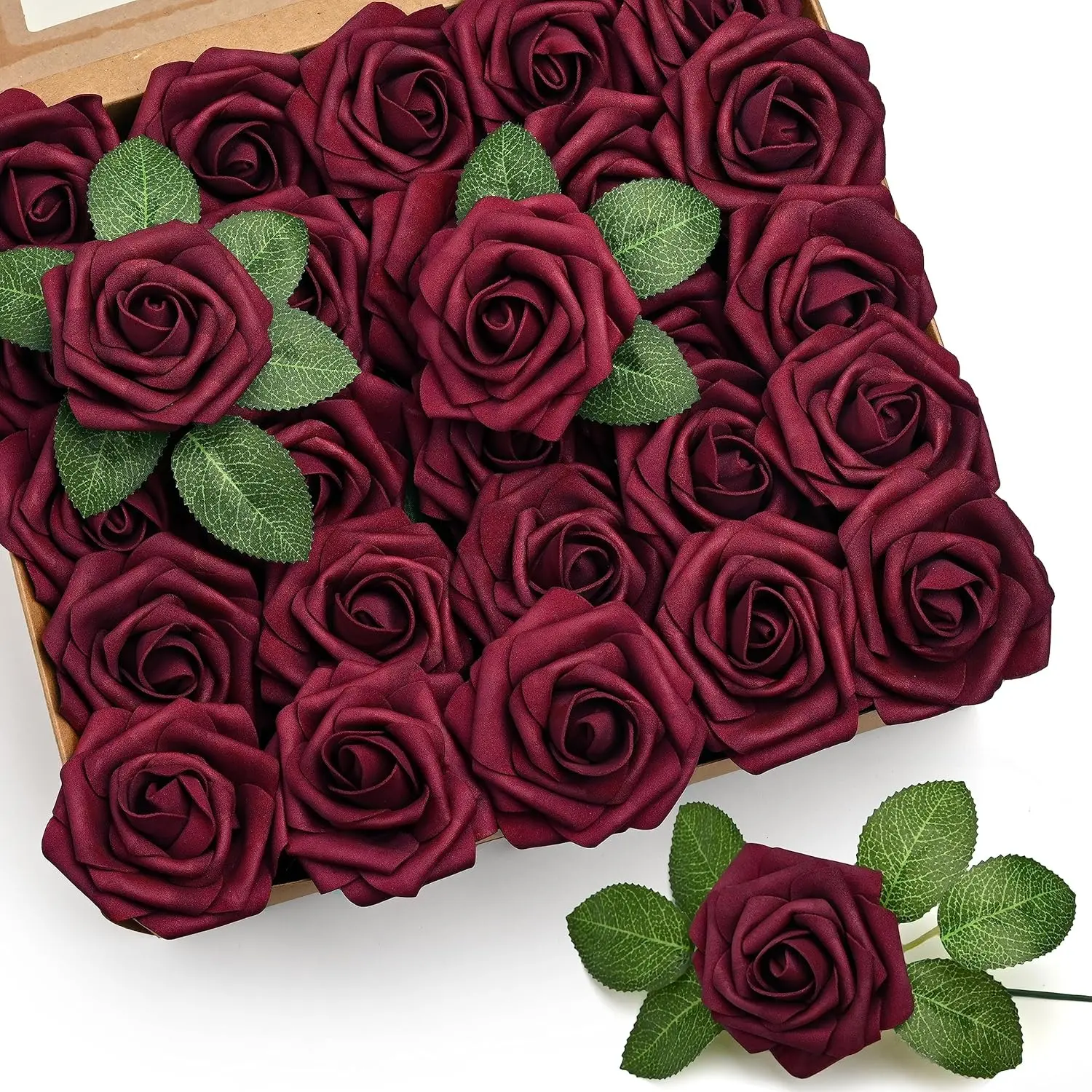 75Pcs Burgundy Real Touch Foam Roses Bulk Pack, Decorative Flower Decor with Stems for Bridal Events, Wedding Home Party Table Centerpieces Floral Arrangements