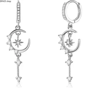 Gold Plated Stars and Moons Dangle Earrings for Women, Cubic Zirconia Huggie Hoop Jewelry, Celestial Statement Accessory for Daily Wear