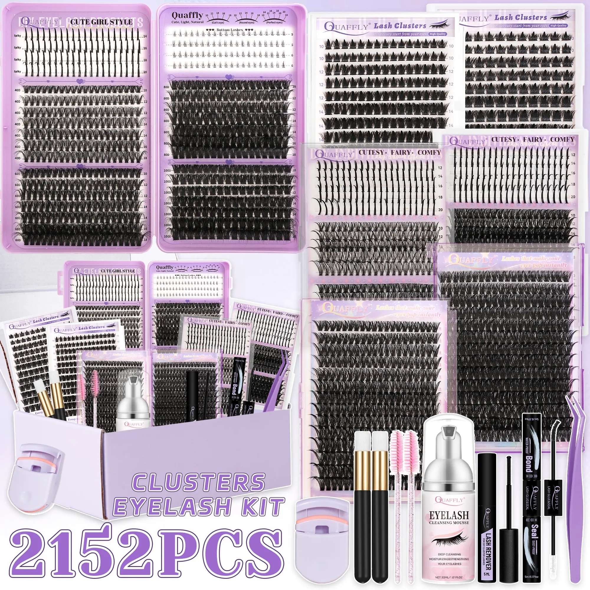 QUAFFLY 2152Pcs Lash Clusters Kit Spike/Bottom Lash Clusters Eyelash Extension Kit with Lash Bond and Seal Remover Tweezers Lash Curler Cleansing Mousse Shampoo Brush*2 Mascara Brushes  *2 for Beginners Includes Lash Tools