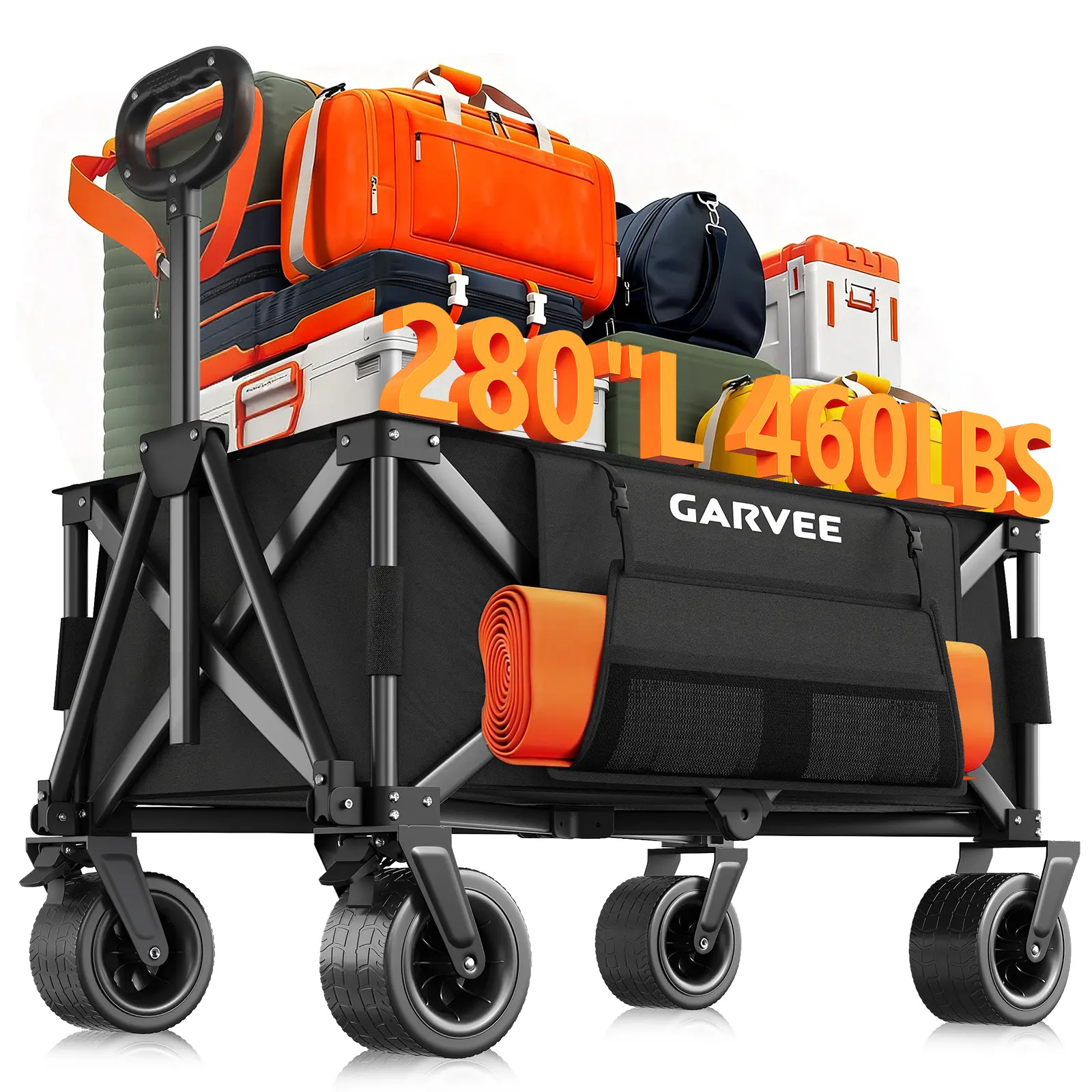 200L Folding Heavy Duty Garden Wagon Cart, 8 Inch All-Terrain Wheels 209kg Capacity 600D Fabric with Cup Holders & Side Pocket, Outdoor Utility Trolley for Camping Beach
