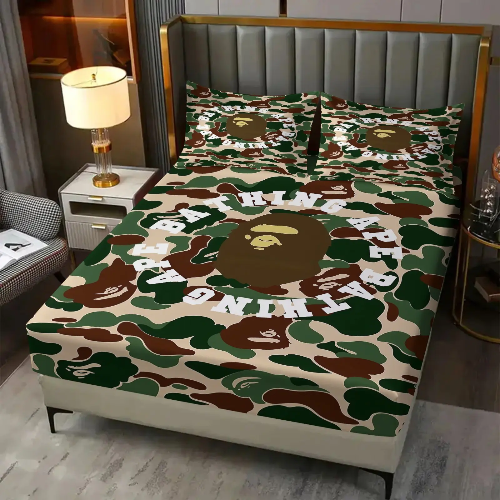 3-Piece Camouflage Ape Head Pattern Bed Sheet, Including 1 Bed Sheet And 2 Pillowcases, Comfortable Bedding, Non Slip Suitable For Bedrooms, Gifts And Decorations For Teenagers And Adults, Printed Bedding Set, Army Bed Sheets