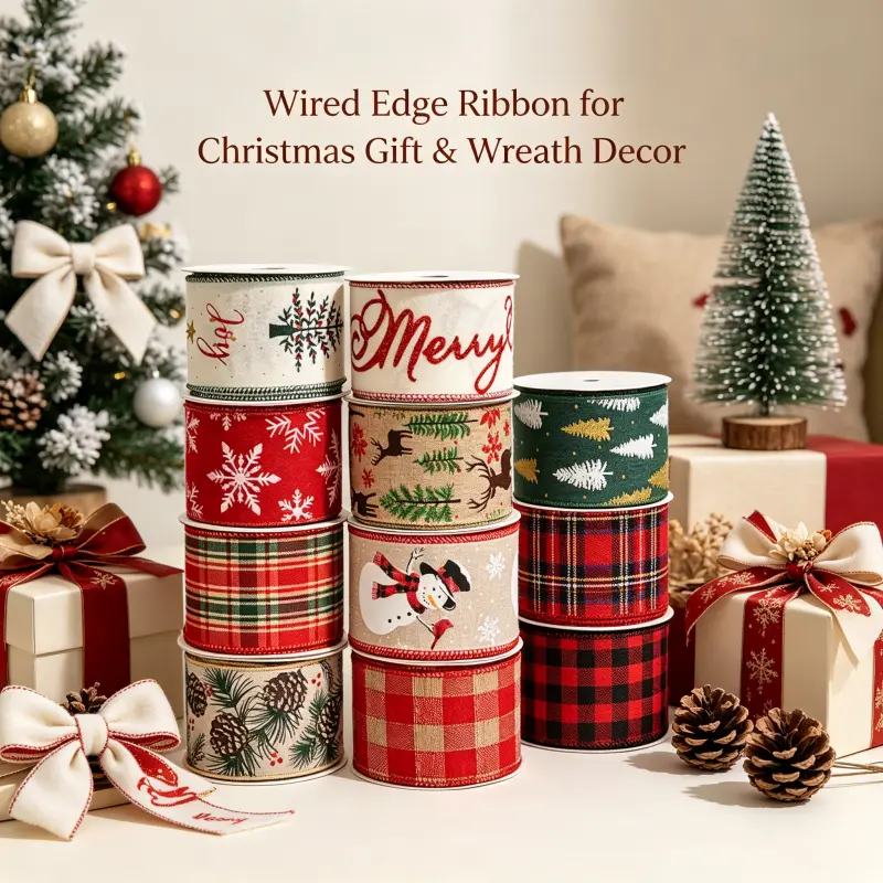 2.5in x 10Y Christmas Wired Burlap Ribbon, Farmhouse Festive Decor with Plaid, Snowman, Pine Tree Prints - DIY Essential for Christmas Wreaths, Windows, Holiday Gifts, Burlap Fabric