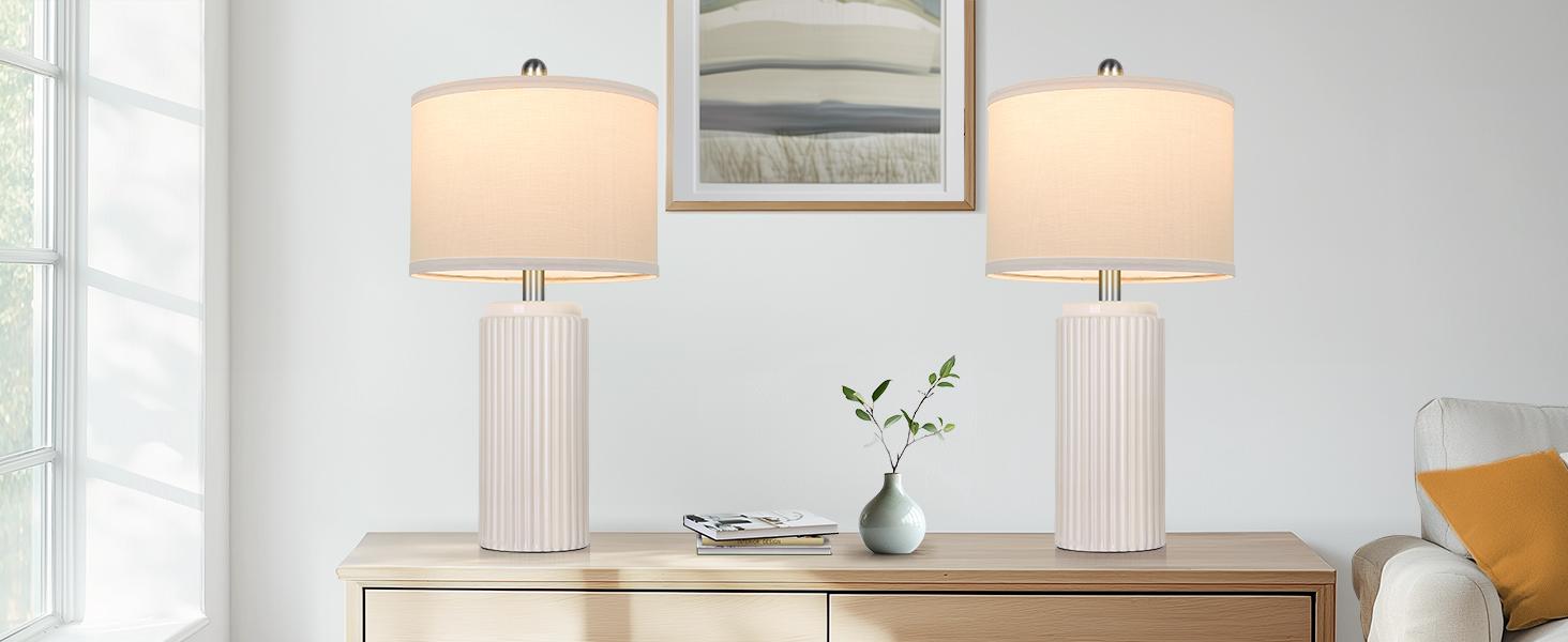 2 Pack 23.5’’ Modern Ceramic Table Lamps Set of 2 for Living Room, Farmhouse Vintage Bedside Table Lamps with White Linen Shade, Rustic Bedroom Ceramic Lamps for Nightstand Home Office End Table Dorm
