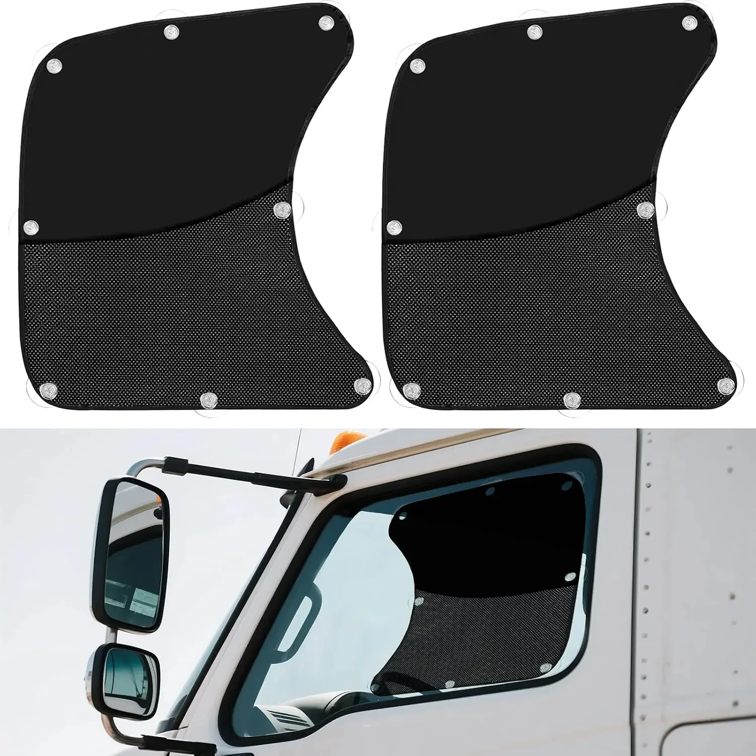 Upgraded 2-Piece Semi Truck Window Shades, 23.6"x21.6" UV Protection Sunshades with Suction Cups, Compatible with Freightliner, Volvo VNL, International, Kenworth Trucks/RVs