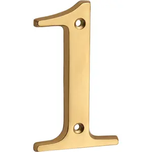 4 inch (10 cm) Polished Brass Finish Stylish Curvy Modern House Number Sign, Street Home Address Door Number Numerals Plaque (1, Brass)