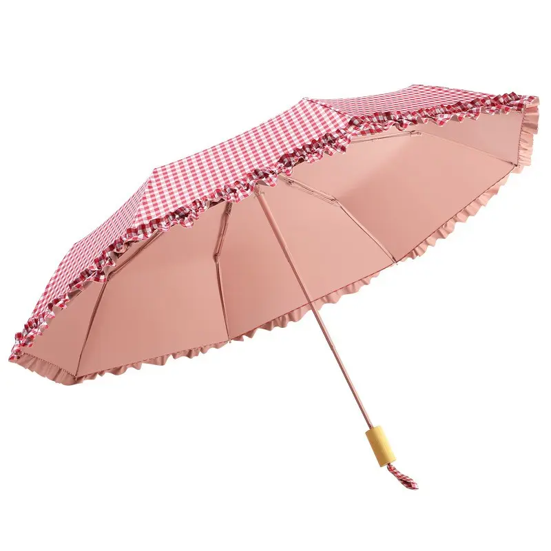 Women's Floral Edge Colorful Umbrella, Sun Protection Folding Rain Umbrella, Manual Open Plaid Pattern, Ideal for Self-Use, Gifts, Family, Friends
