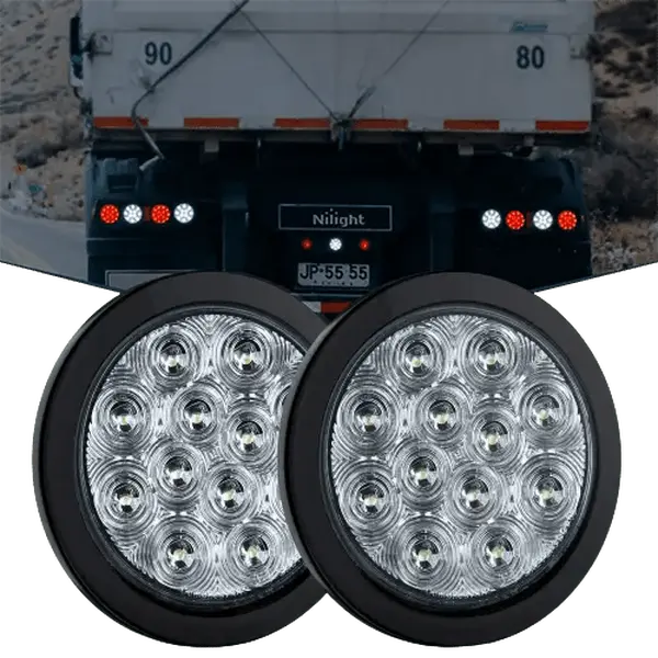 Nilight 4 Inch White LED Round Tail Lights (Pair) - 12 LEDs, High Intensity, 1.87in Depth, 5.3in Diameter, Long Lifespan, for Travel Trailers, Horse Trailers
