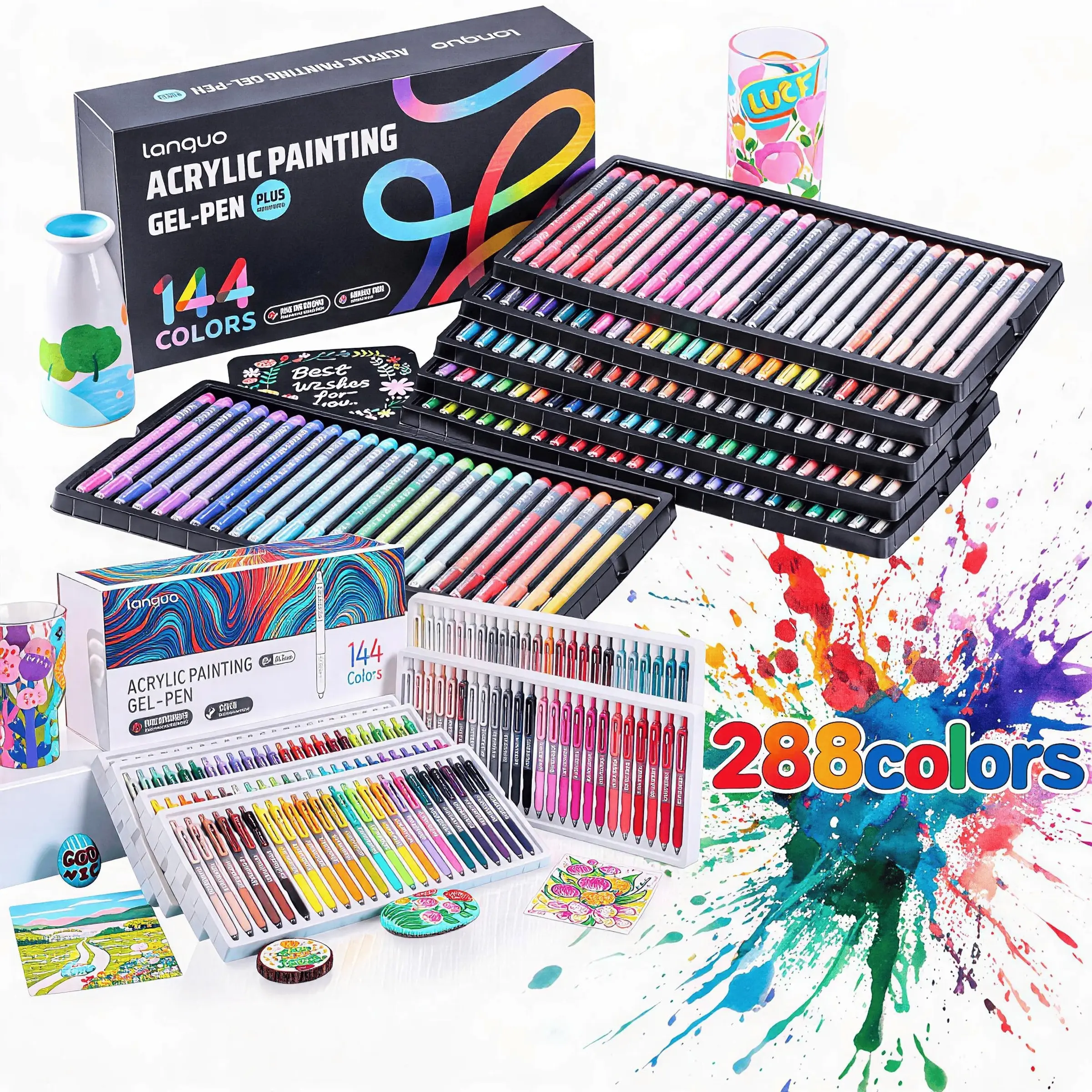 Double Set 288 Colors Press-Down Acrylic Gel Pens, 144 Complementary Colors, Large Capacity, Smooth Ink, Ideal for Glass, Ceramic, Wood, DIY Art Supplies