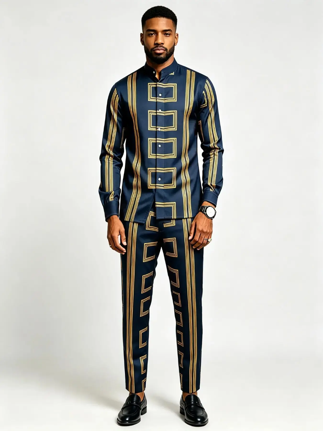 Men's Two-Piece Casual Set, Long-Sleeve Stripe Shirt and Long Pants with Stand Collar, Multi-Color Outfit for Parties and Spring–Autumn Wear, Multifunctional Casual Outfit Set