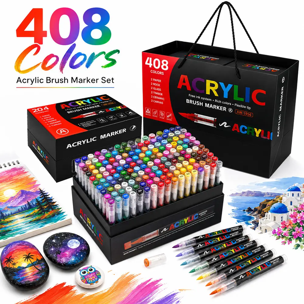 408-Pack Liquid Flow Soft Tip Acrylic Markers, No Press Student Art Brushes, Ideal for Rock Painting, Calligraphy, DIY Crafts, Christmas Decorations