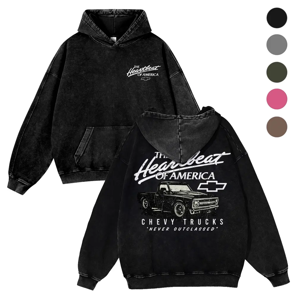 Men's Oversize Vintage Washed Hoodie - Retro Western Truck Graphic Pre-Shrunk Cotton Blend Sweatshirt, Super Soft Long Sleeve Pull On Top for Spring Daily Wear, Casual OOTD Outfit Inspiration, Gifts for Boyfriend, Machine Washable (Do Not Dry Clean)