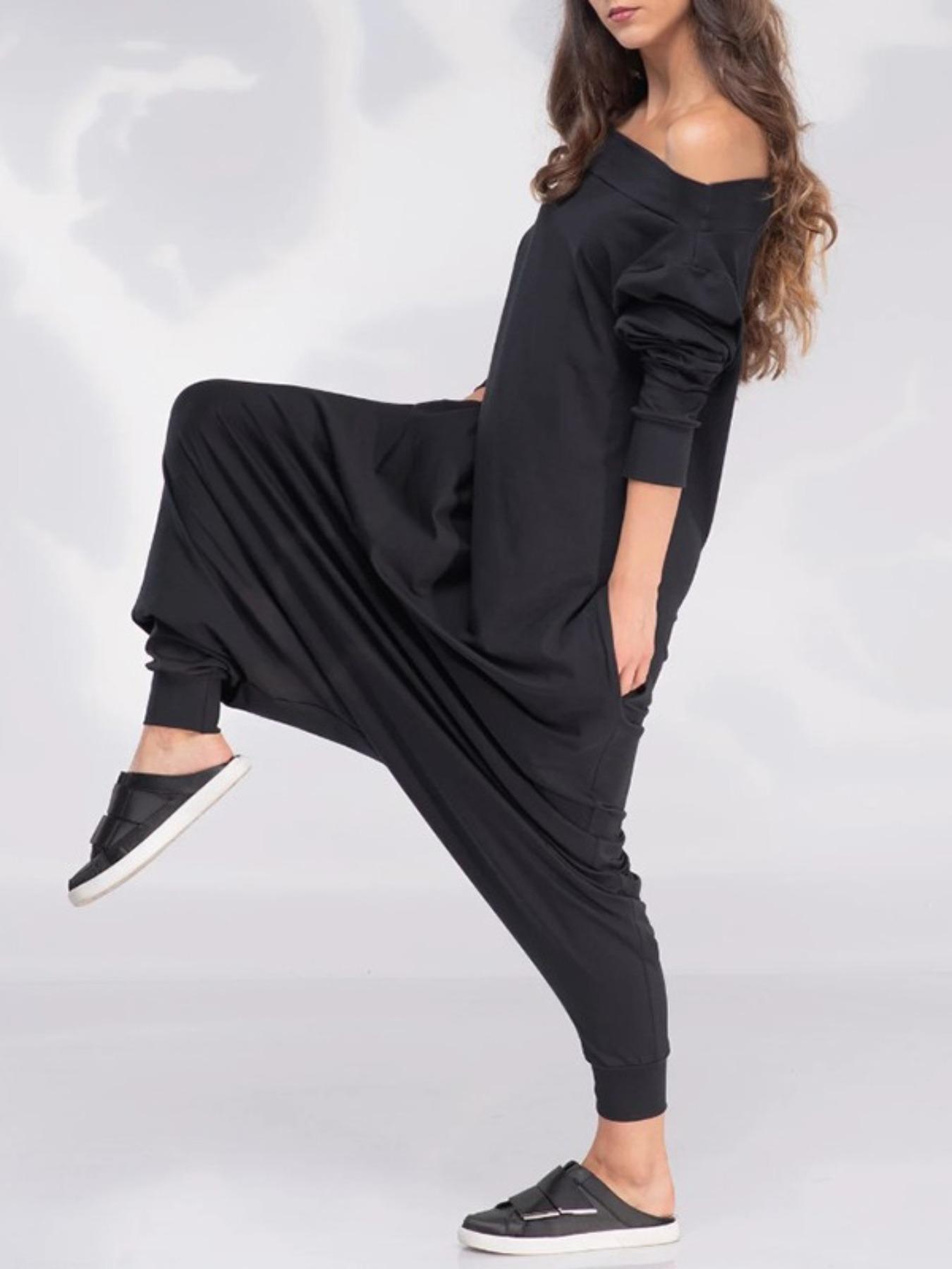 Women's Solid Woven Off-Shoulder Long Sleeve Jumpsuit, Casual Comfy Loose Fit Jumpsuit for Spring & Fall, Ladies Clothes for Daily Wear