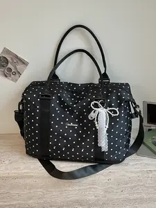 Ladies' cute daily polka dot pattern large-capacity short trip travel bag, fashionable casual portable sports gym handbag shoulder bag crossbody bag, comes with pearl bow decoration