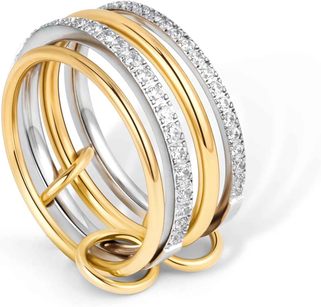 Stackable Gold Silver Band Rings for Women, Statement Chunky Cubic Zirconia Rings, Fashion Unique Designer Mixed Metal Jewelry Size 5/6/7/8/9/10/11