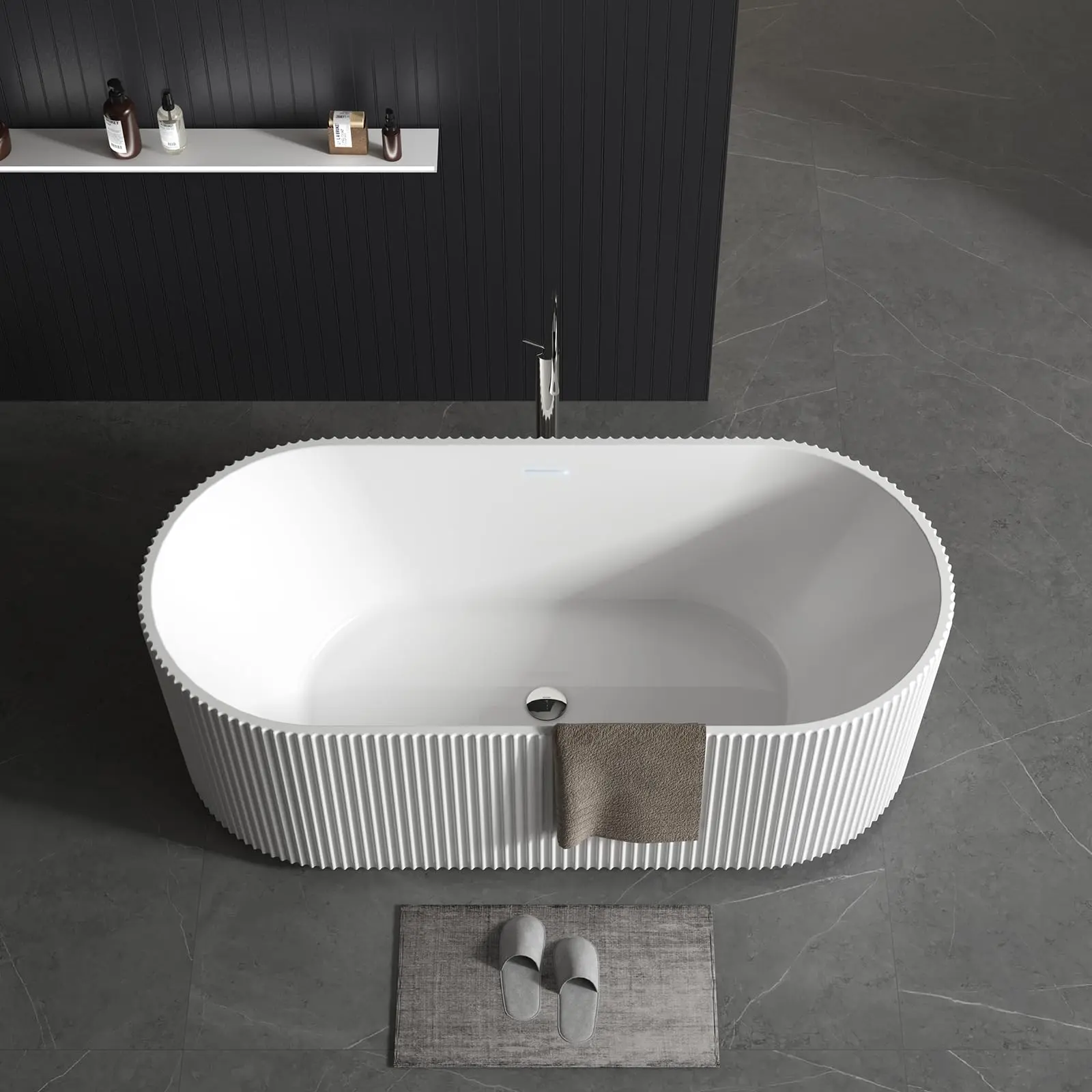 Freestanding Soaking Bathtub with Striped Design, Acrylic Bathroom Tub Includes Overflow Cover Pop-Up Drain Hidden Drainage System