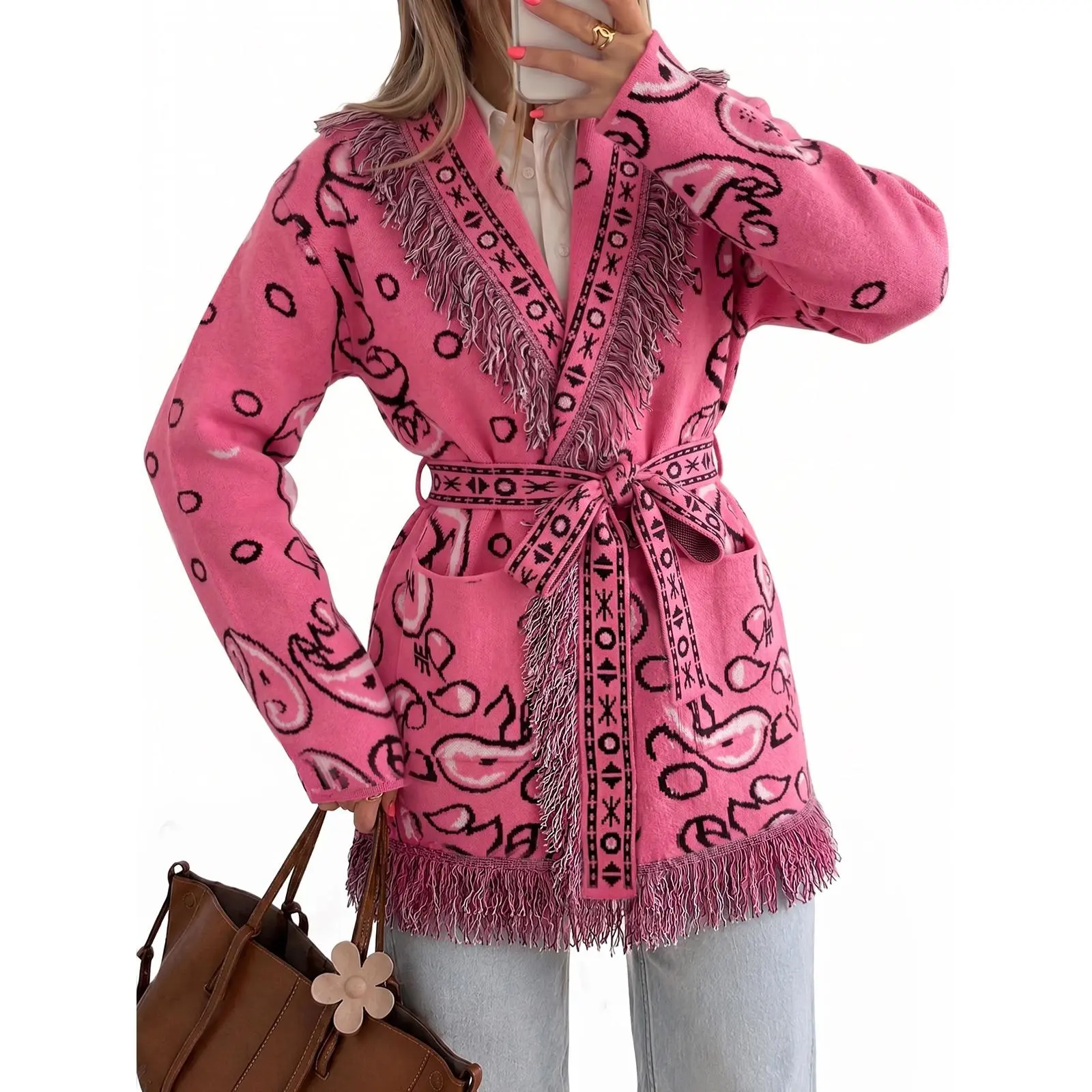 Tankaneo Women's Boho Knitwear Cardigan Top - Long Sleeves, Open Front, Aztec Tribal Print, Fringes, Ribbed Knit, Fitted Fall Trendy Boho Duster Sweater Coat