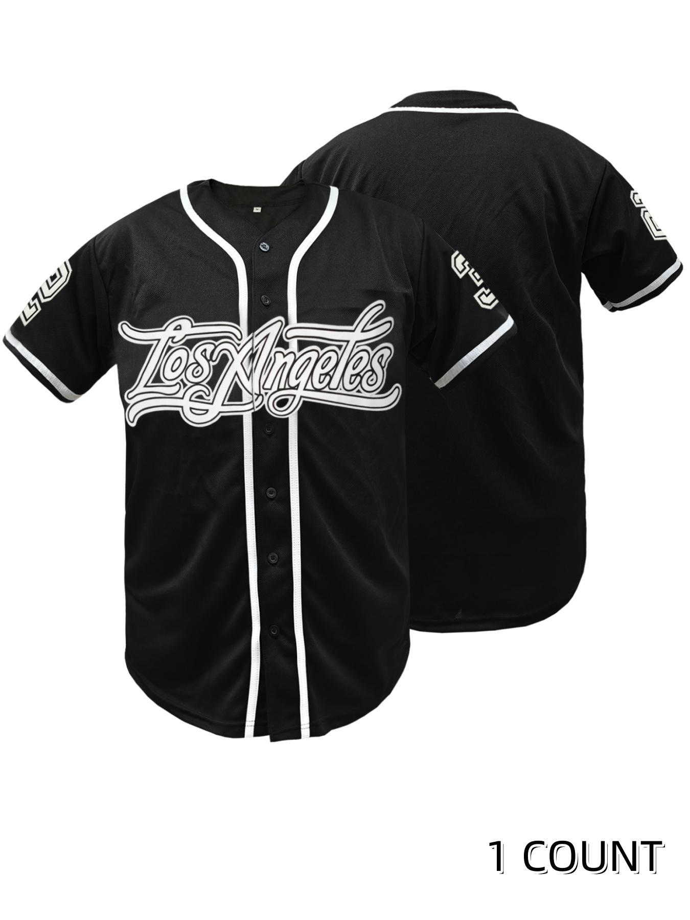 Men's Letter & Number Embroidered Contrast Binding Baseball Jersey, Jersey Shirt, Casual Short Sleeve V Neck Baseball Top for Summer, Fashion Men's Clothes for Daily Wear