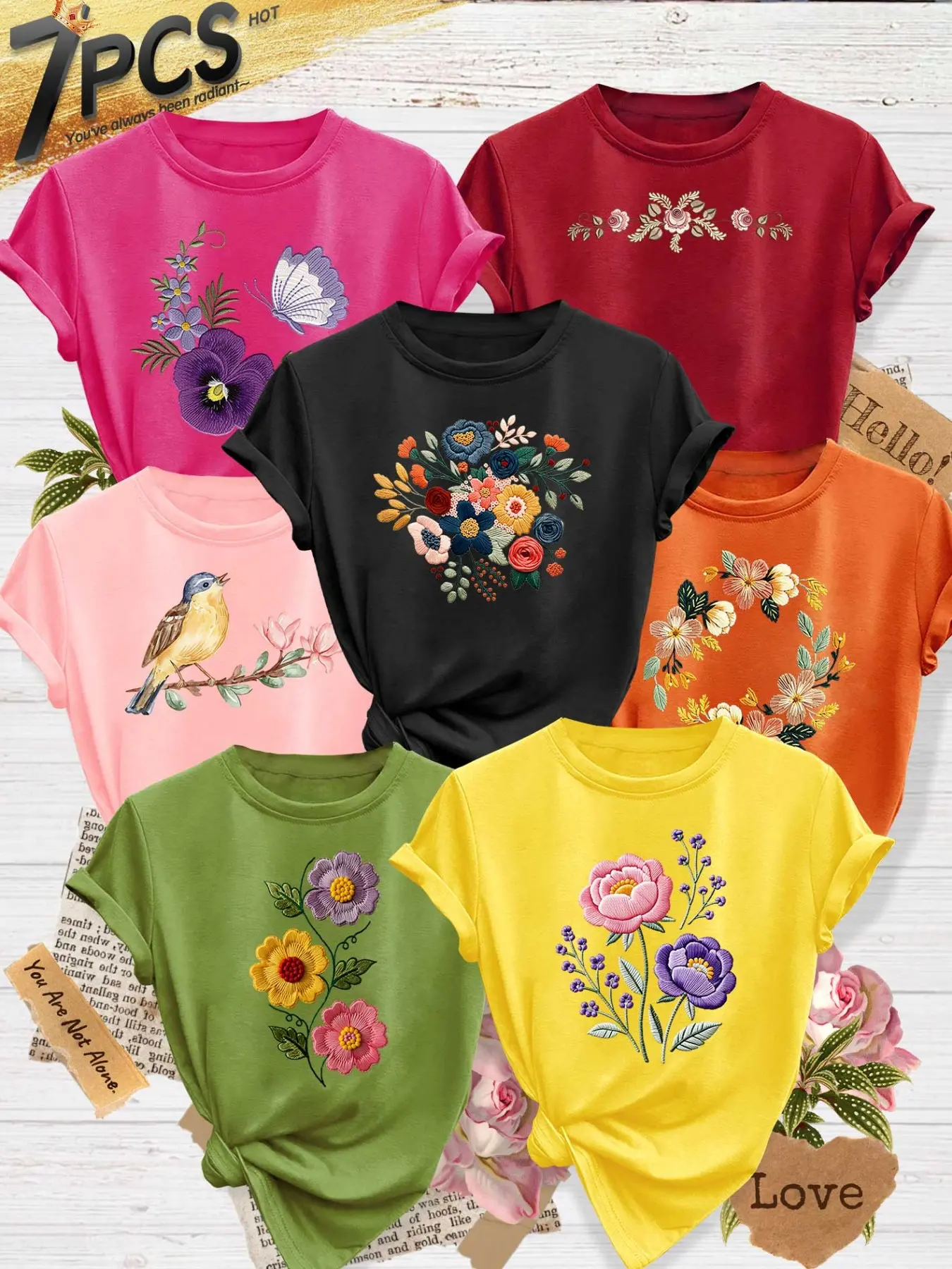7Pcs Women Crew Tee, Floral Bird Peony Purple Butterfly Embroidery Print, multi-color, washable, soft spring summer top