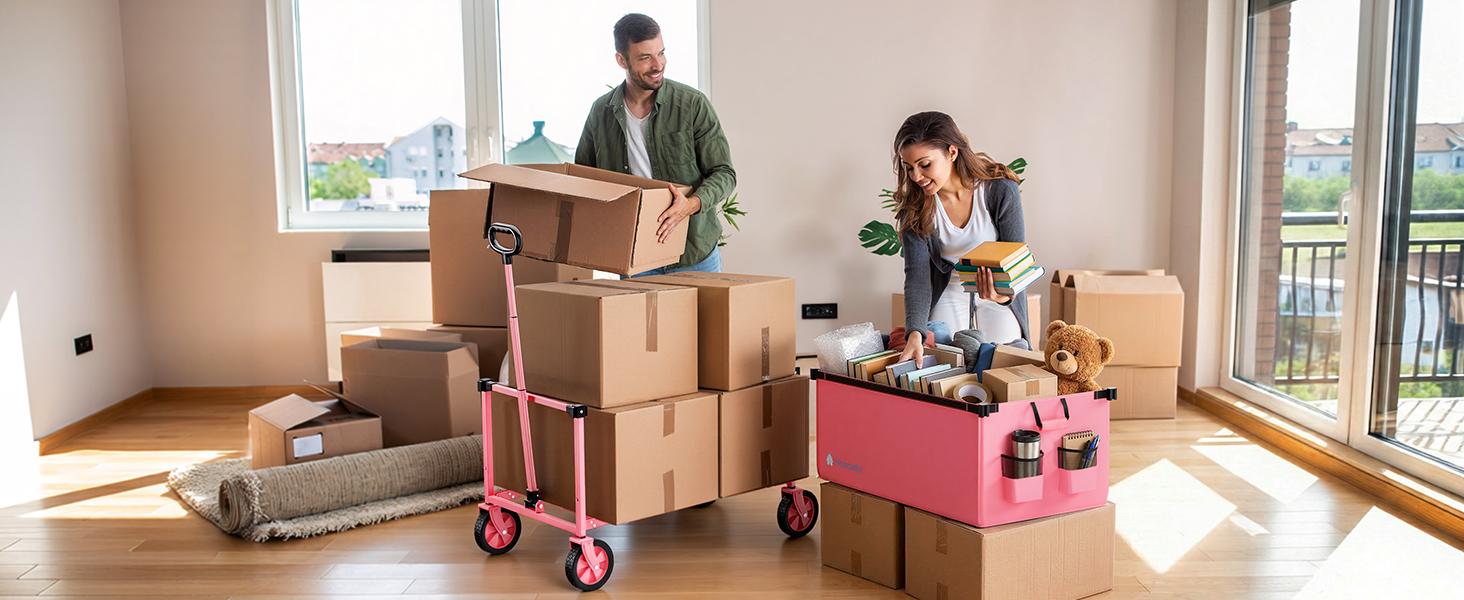 Collapsible Wagon Cart with Wheels, 150L Lightweight Foldable Cart, Rolling Wagon for, Shopping, Sports, Camping, Transport, Pink