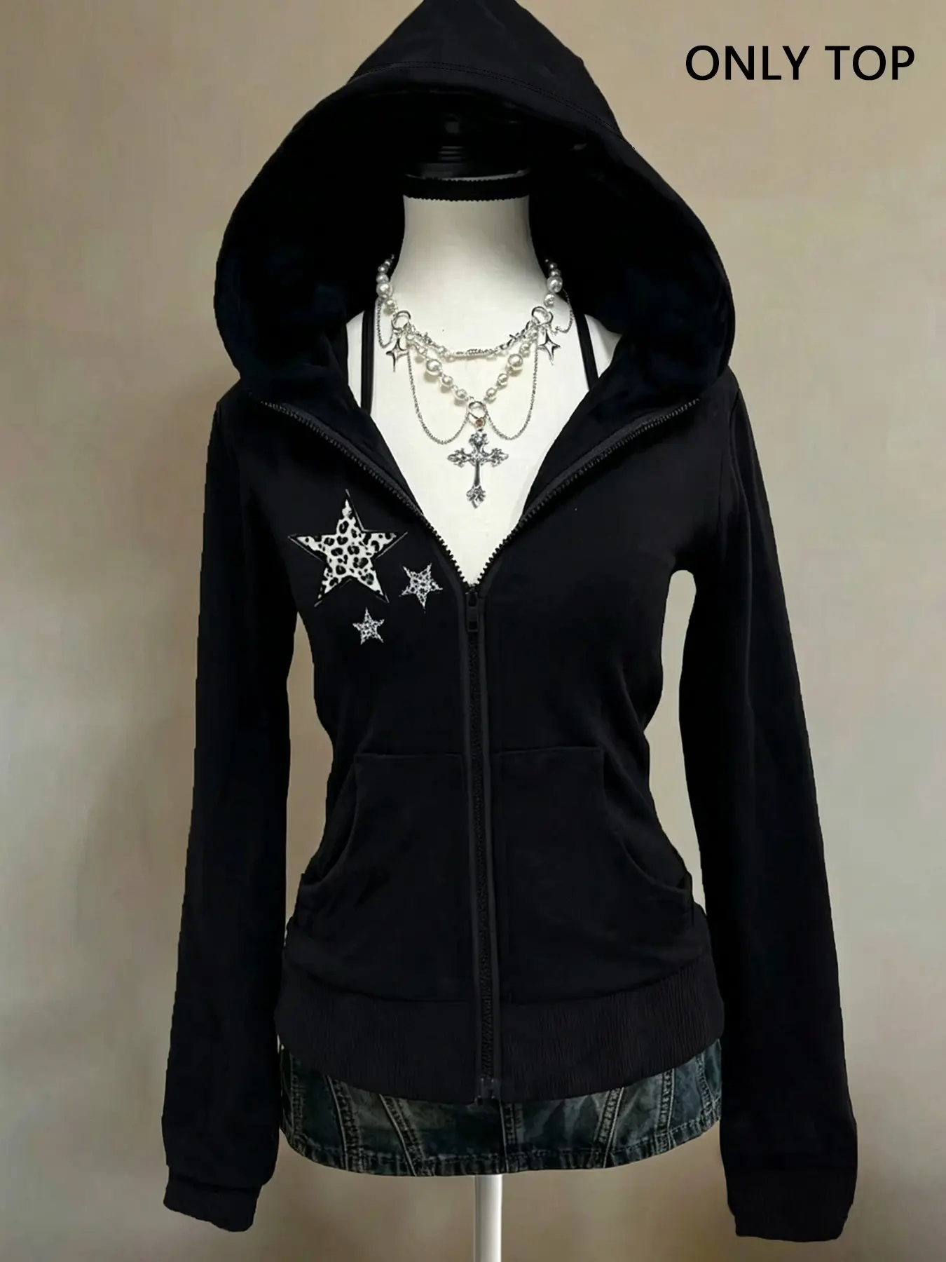 Women's Zip Up Hoodie, Leopard Star Graphic Print Long Sleeve Slim Fit Jacket Streetwear For Daily Street Casual Wear