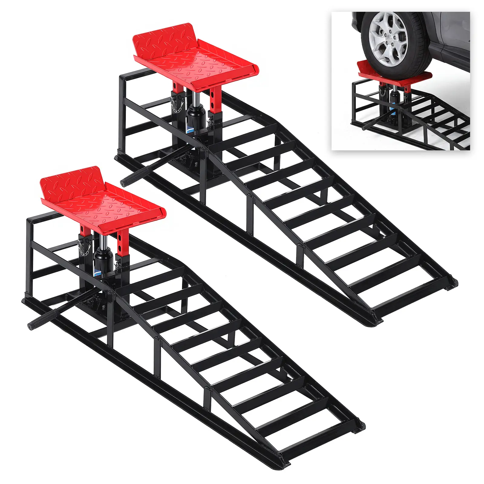 Heavy Duty Hydraulic Car Service Ramps, 2 Pack – 11000 lbs Capacity – Adjustable Lift Height 9.8"–16.2" – Low Profile Design – Built-in Hydraulic Jack – Ideal for Oil Changes, Vehicle Maintenance, Garage Use – Fits Cars, Trucks, SUVs