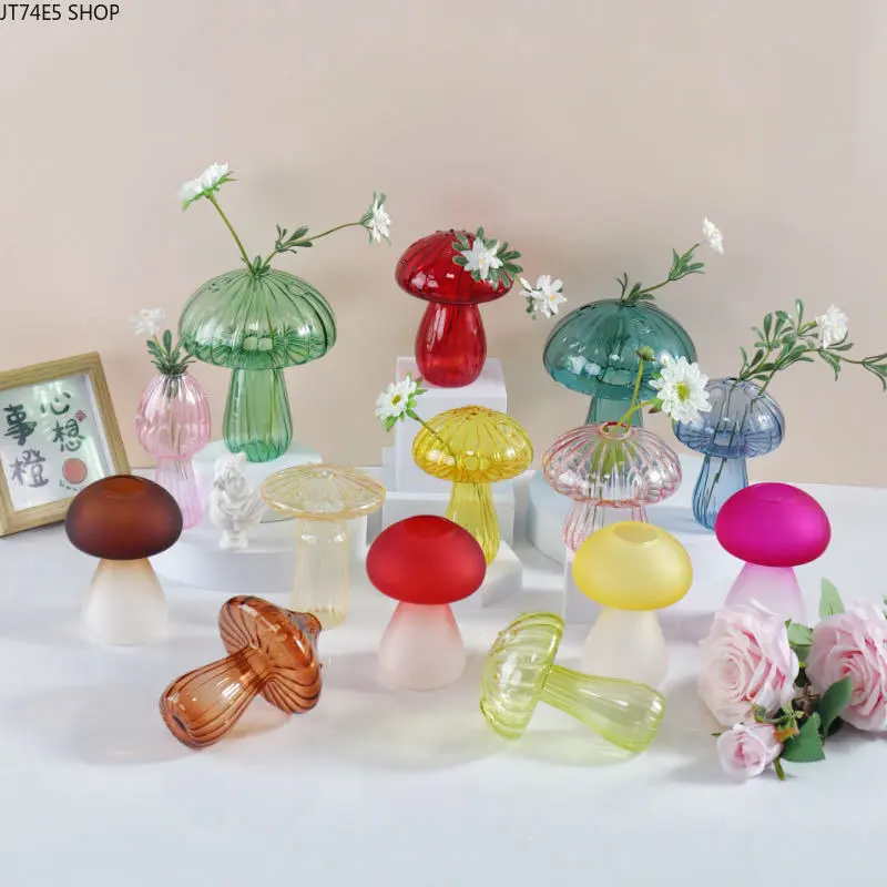 INS Style Mushroom Shaped Glass Hydroponic Vase, Multi-Purpose Decorative Flower Vase & Aromatherapy Glass Container for Indoor Gardening