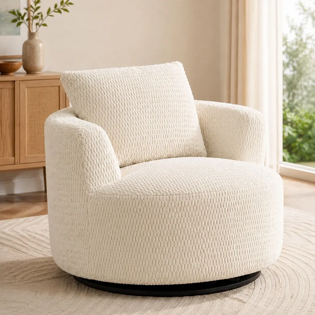 ARCH Faux Fur Compressible 360° Swivel Indoor Accent Armchair - Modern Upholstered Single Box Chair with Plush Sponge, Pocket Spring Support, Armrest, Cream; Comfy Reading Nook, Living Room Swivel Chairs