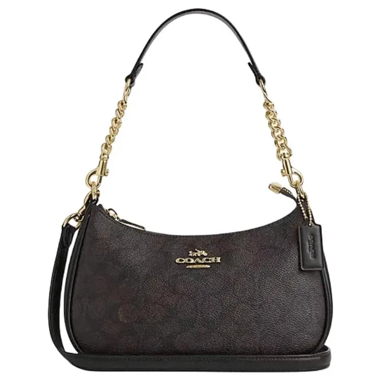 COACH Teri 24 Classic Monogram Crossbody Bag for Women, Medium Size, Vintage Leather Blend, Dark Brown