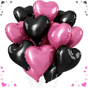 26 pink and black heart-shaped balloons, 10 inch pink and black aluminum foil balloons, suitable for decorating engagement and baby parties, suitable for girls, women, and princess birthday celebrations