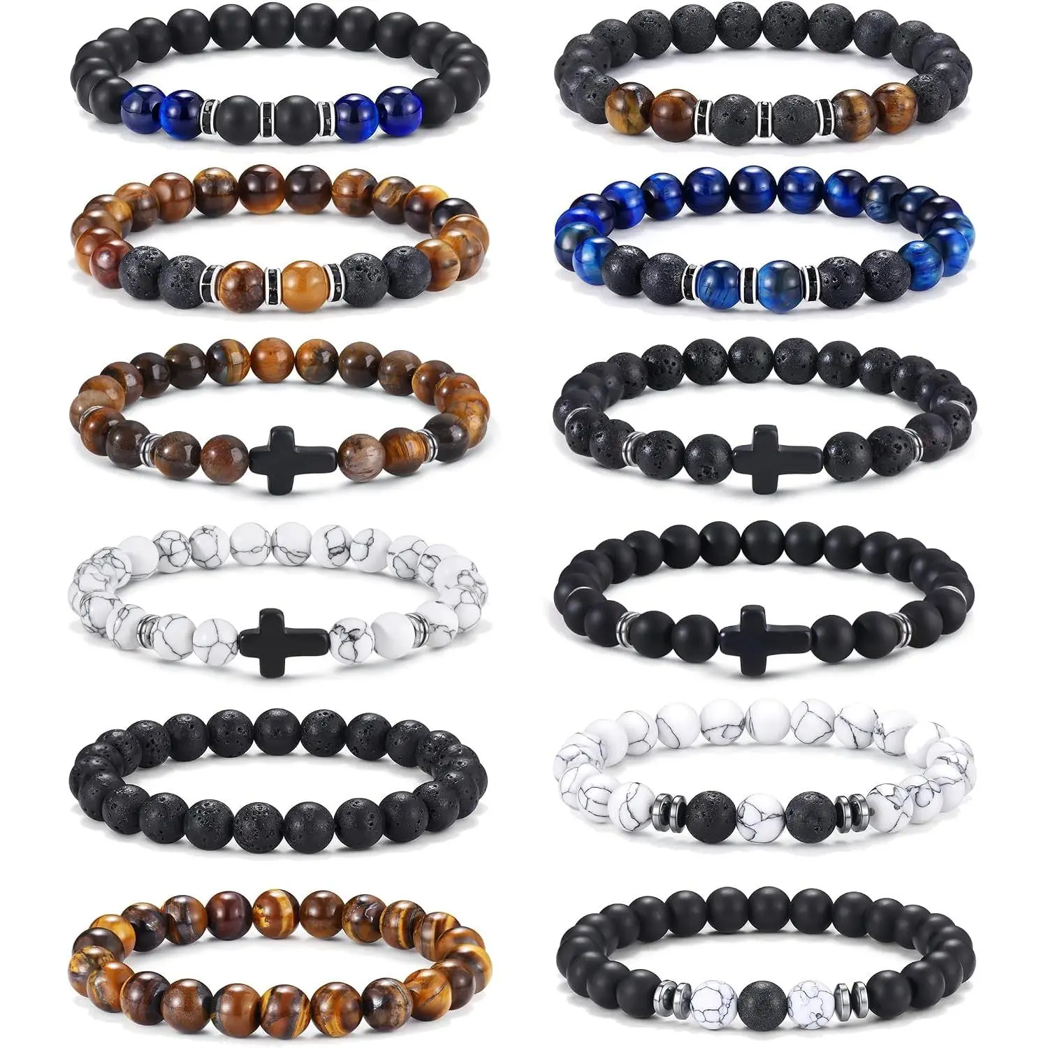 12PCS Beaded Bracelets for Men 8MM| Tigers Eye Bracelet Natural Stone Crystal Bead Cross Bracelet Adjustable Stretch Christian Bracelets Jewelry Gifts