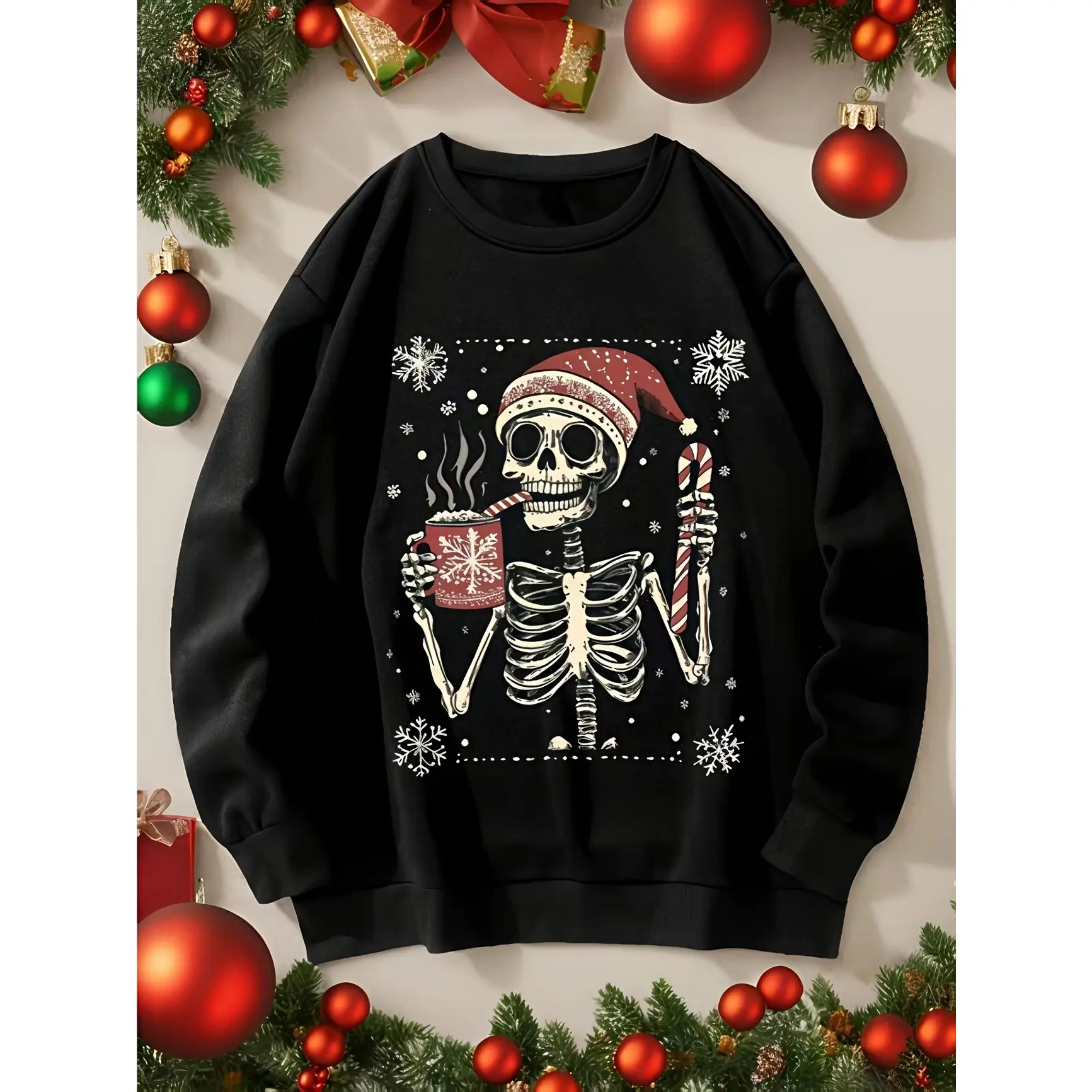 Skeleton Santa Candy Cane Christmas Graphic Cotton Crewneck Sweatshirt, Oversized Comfort Fashion Outfit, Cute Spooky Xmas Gift For Him Her, Best Christmas Valentine’s Day Present For Friend Family