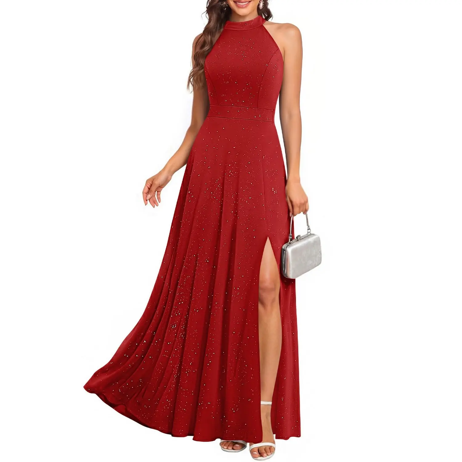 Pinup Fashion Formal Evening Prom Glitter Cocktail Wedding Guest Long Dress | Glitter knit, elegant halter neck, A-line fit, high side split, back zipper, perfect for formal prom or cocktail, A-Line Cut, Cocktail Gown